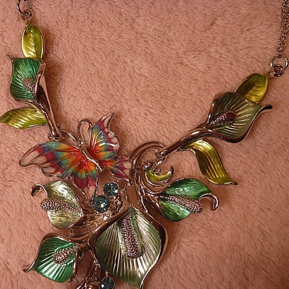 Silver tone Set Earrings Necklace Floral Enamel - Picture 5 of 8